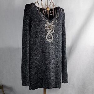 Metallic Beaded Sequin V Neck Sweater Size L